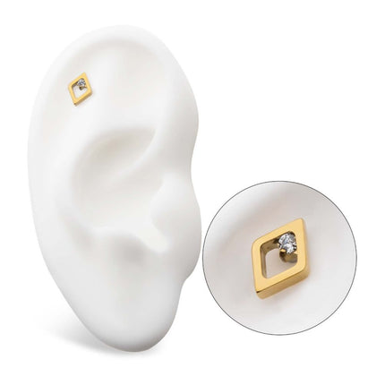 Invictus 24Kt Gold PVD Titanium Threadless Rhombus Shape with Clear CZ Top