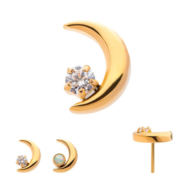 Invictus 24Kt Gold PVD Titanium Threadless Crescent Moon with CZ/Opal Top