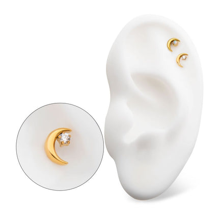 Invictus 24Kt Gold PVD Titanium Threadless Crescent Moon with CZ/Opal Top