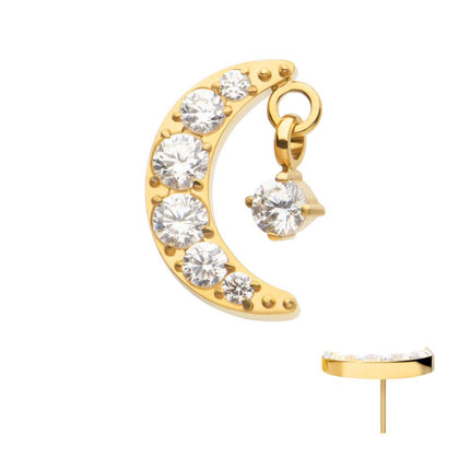 Invictus 24Kt Gold PVD Titanium Threadless Crescent Moon CZ Top with Dangle Pronged Round CZ