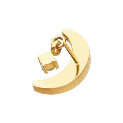 Invictus 24Kt Gold PVD Titanium Threadless Crescent Moon CZ Top with Dangle Pronged Round CZ