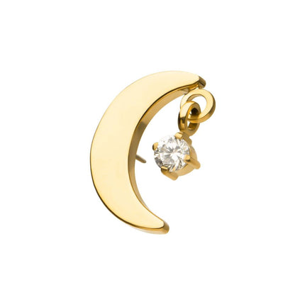 Invictus 24Kt Gold PVD Titanium Threadless Crescent Moon Top with Dangle Pronged Round CZ