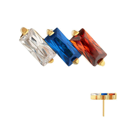 Invictus 24Kt Gold PVD Titanium Threadless Prong Set Baguette CZ Diagonal 3-Cluster Top