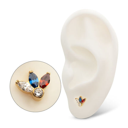 Invictus 24Kt Gold PVD Titanium Threadless 3-Cluster Marquise Gem Fan Top with Bezel Round Gem