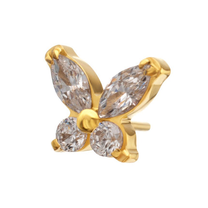 Invictus 24Kt Gold PVD Titanium Threadless Small Butterfly with V-Prong Round & Marquise CZ Gem Top