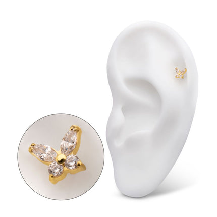 Invictus 24Kt Gold PVD Titanium Threadless Small Butterfly with V-Prong Round & Marquise CZ Gem Top
