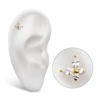 Invictus 24Kt Gold PVD Titanium Threadless Prong Set Marquise & Round CZ Butterfly Top