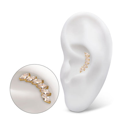 Invictus 24Kt Gold PVD Titanium Threadless 6-Cluster Staggered V-Prong Marquise CZ Gem Top