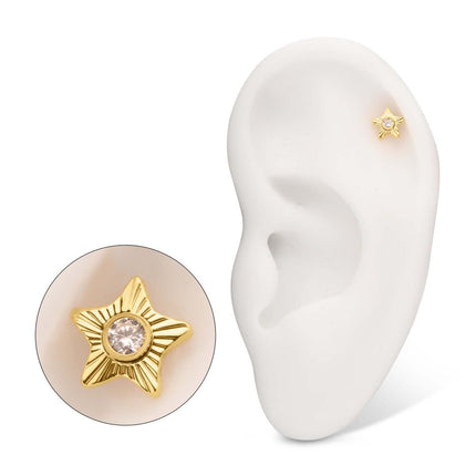 Invictus 24Kt Gold PVD Titanium Threadless Corrugated Star with Bezel Gem Top