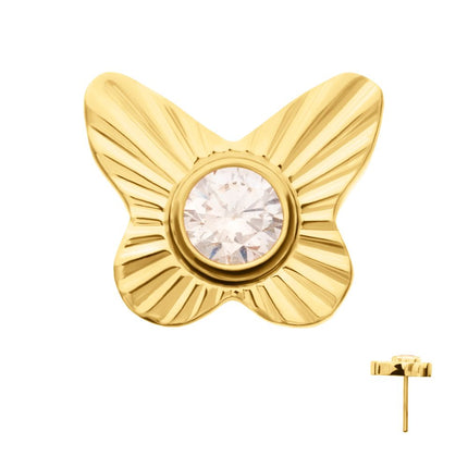 Invictus 24Kt Gold PVD Titanium Threadless Corrugated Butterfly with Bezel Gem Top