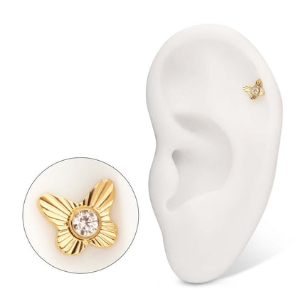 Invictus 24Kt Gold PVD Titanium Threadless Corrugated Butterfly with Bezel Gem Top