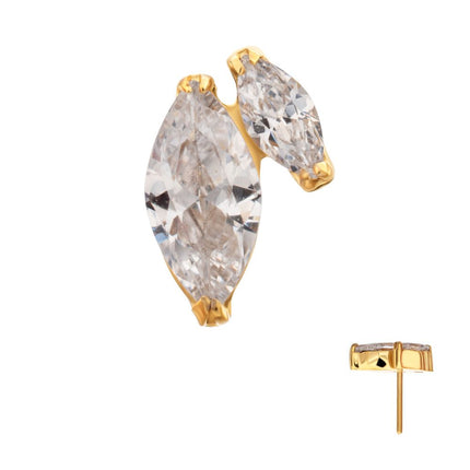 Invictus 24Kt Gold PVD Titanium Threadless V-Prong Dual Marquise CZ Gem Top