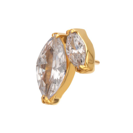 Invictus 24Kt Gold PVD Titanium Threadless V-Prong Dual Marquise CZ Gem Top