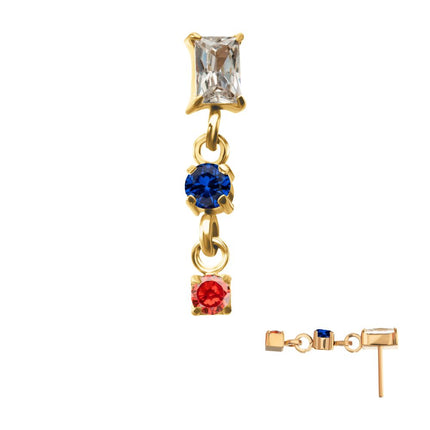Invictus 24Kt Gold PVD Titanium Threadless Prong Set Gem Baguette Top with Double Gem Dangle