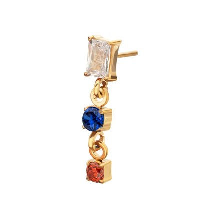 Invictus 24Kt Gold PVD Titanium Threadless Prong Set Gem Baguette Top with Double Gem Dangle