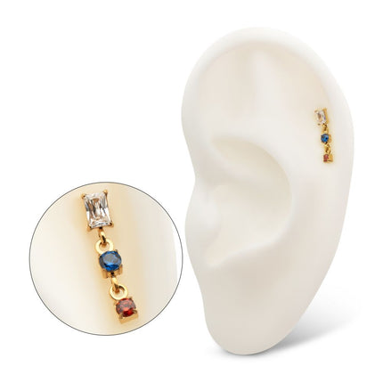Invictus 24Kt Gold PVD Titanium Threadless Prong Set Gem Baguette Top with Double Gem Dangle