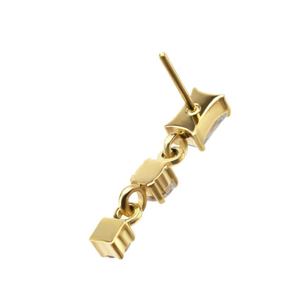 Invictus 24Kt Gold PVD Titanium Threadless Prong Set Gem Baguette Top with Double Round Gem Dangle
