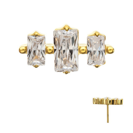 Invictus 24Kt Gold PVD Titanium Threadless Triple Baguette Prong Set Gem Top