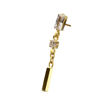 Invictus 24Kt Gold PVD Titanium Threadless Prong Set Gem Baguette Top with Round Gem & Bar Dangle