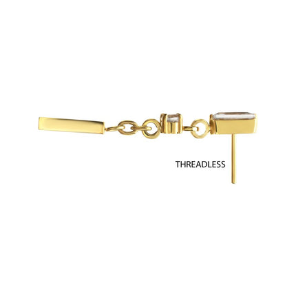 Invictus 24Kt Gold PVD Titanium Threadless Prong Set Gem Baguette Top with Round Gem & Bar Dangle