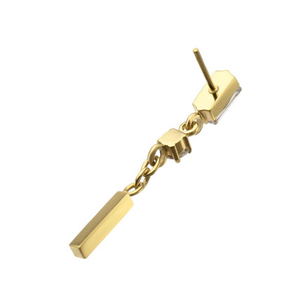 Invictus 24Kt Gold PVD Titanium Threadless Prong Set Gem Baguette Top with Round Gem & Bar Dangle