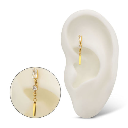 Invictus 24Kt Gold PVD Titanium Threadless Prong Set Gem Baguette Top with Round Gem & Bar Dangle