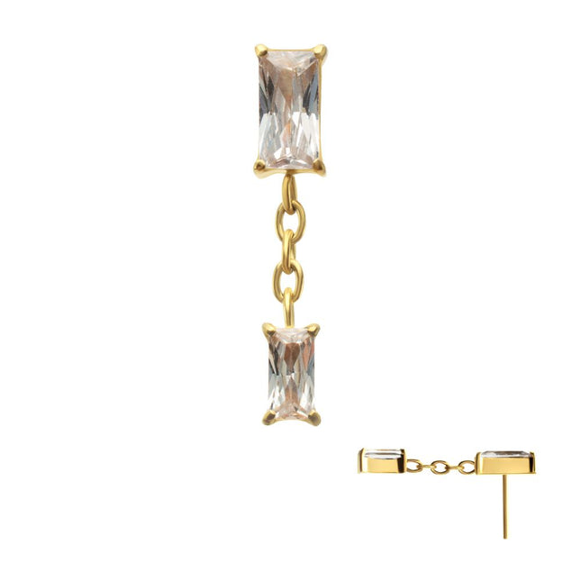 Invictus 24Kt Gold PVD Titanium Threadless Double Baguette Prong Set Gem Dangle Top