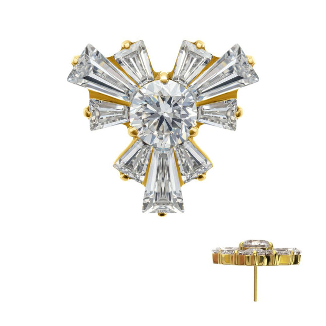 Invictus 24Kt Gold PVD Titanium Threadless Round & Baguette Cluster Gem Radiant Beam Top