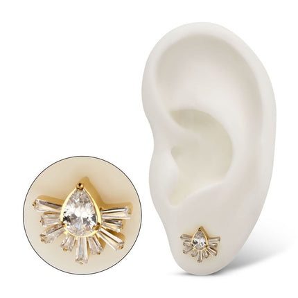 Invictus 24Kt Gold PVD Titanium Threadless Teardrop & Baguette Cluster Gem Sunray Top