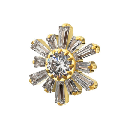 Invictus 24Kt Gold PVD Titanium Threadless Round & Baguette Cluster Gem Sunburst Top
