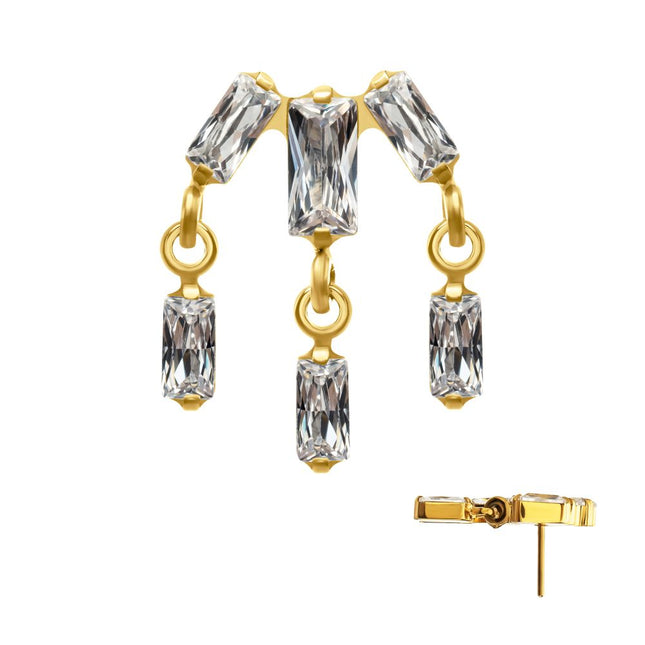 Invictus 24Kt Gold PVD Titanium Threadless 3-Cluster Baguette Prong Set Gem Top with Dangle Gem