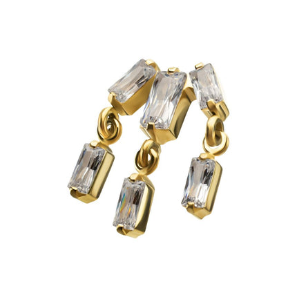 Invictus 24Kt Gold PVD Titanium Threadless 3-Cluster Baguette Prong Set Gem Top with Dangle Gem