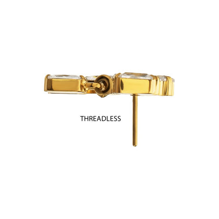 Invictus 24Kt Gold PVD Titanium Threadless 3-Cluster Baguette Prong Set Gem Top with Dangle Gem