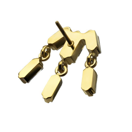 Invictus 24Kt Gold PVD Titanium Threadless 3-Cluster Baguette Prong Set Gem Top with Dangle Gem