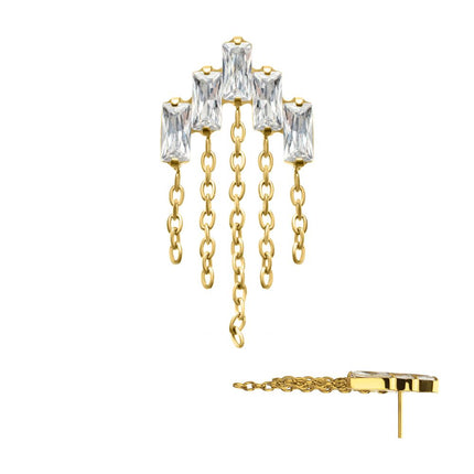 Invictus 24Kt Gold PVD Titanium Threadless 5-Cluster Baguette Prong Set Gem Top with Chain Dangle