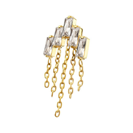 Invictus 24Kt Gold PVD Titanium Threadless 5-Cluster Baguette Prong Set Gem Top with Chain Dangle