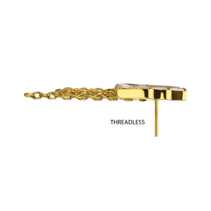Invictus 24Kt Gold PVD Titanium Threadless 5-Cluster Baguette Prong Set Gem Top with Chain Dangle