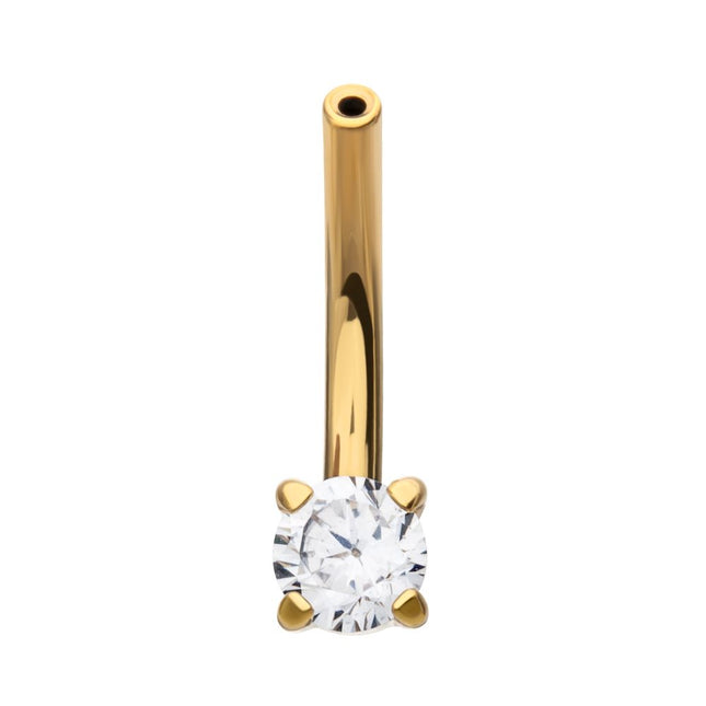 Invictus 24Kt Gold PVD Titanium Threadless Prong Set CZ Fixed Bottom Curved Barbell