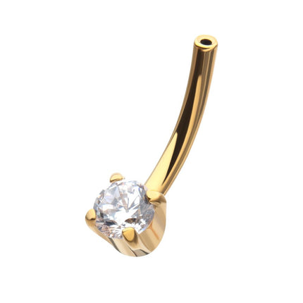 Invictus 24Kt Gold PVD Titanium Threadless Prong Set CZ Fixed Bottom Curved Barbell