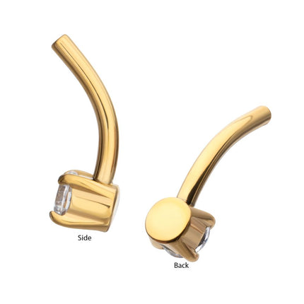 Invictus 24Kt Gold PVD Titanium Threadless Prong Set CZ Fixed Bottom Curved Barbell