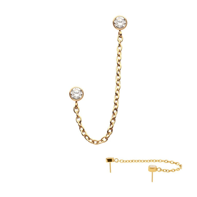 Invictus 24Kt Gold PVD Titanium Threadless Duo Bezel Round CZ with Rolo Chain Dangle Tops