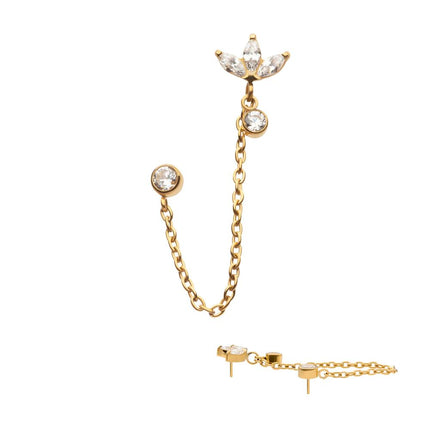 Invictus 24Kt Gold PVD Titanium Threadless Marquise Trinity & Duo Bezel Round Gem Top with Dangle Rolo Chain