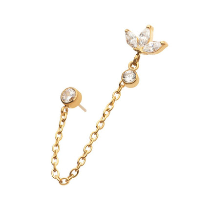 Invictus 24Kt Gold PVD Titanium Threadless Marquise Trinity & Duo Bezel Round Gem Top with Dangle Rolo Chain