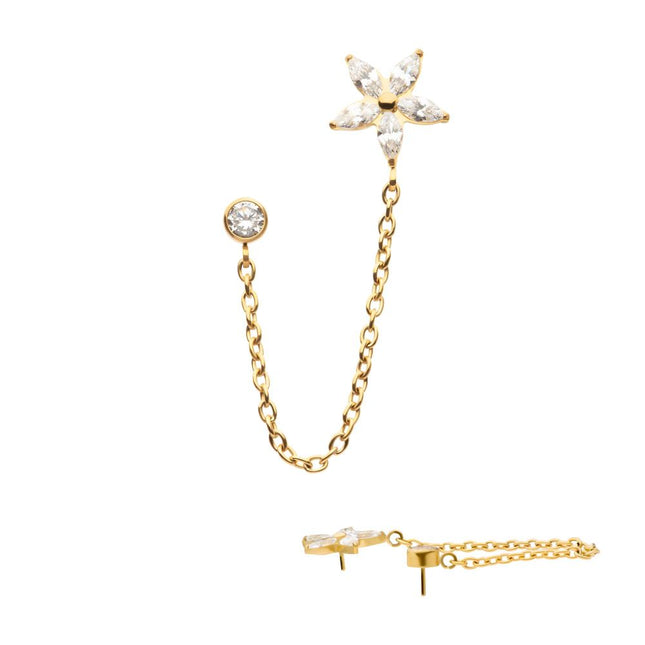 Invictus 24Kt Gold PVD Titanium Threadless Marquise Flower Shape & Bezel Round Gem Top with Dangle Rolo Chain