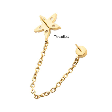 Invictus 24Kt Gold PVD Titanium Threadless Marquise Flower Shape & Bezel Round Gem Top with Dangle Rolo Chain