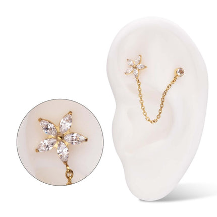 Invictus 24Kt Gold PVD Titanium Threadless Marquise Flower Shape & Bezel Round Gem Top with Dangle Rolo Chain