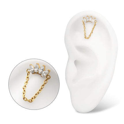 Invictus 24Kt Gold PVD Titanium Threadless 4 Marquise Prong Gem Cluster Top with Chain Dangle