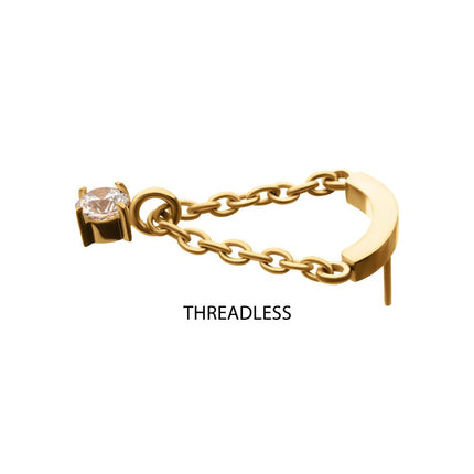 Invictus 24Kt Gold PVD Titanium Threadless Curved Bar Top with Prong Set Gem Chain Dangle