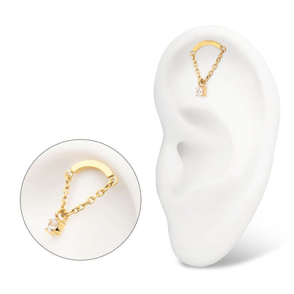 Invictus 24Kt Gold PVD Titanium Threadless Curved Bar Top with Prong Set Gem Chain Dangle