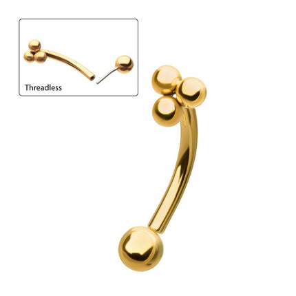 Invictus 24kt Gold PVD Titanium Tri-Bead Fixed Top with Threadless Bottom Curved Barbell
